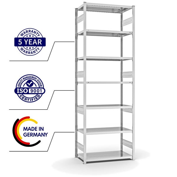 PROREGAL Fachbodenregal Stecksystem T-Profil Heavy-Duty Grundregal HxBxT 300 x 100 x 50 cm 7 Ebenen Fachlast 330 kg Beidseitig Nutzbar Lichtgrau