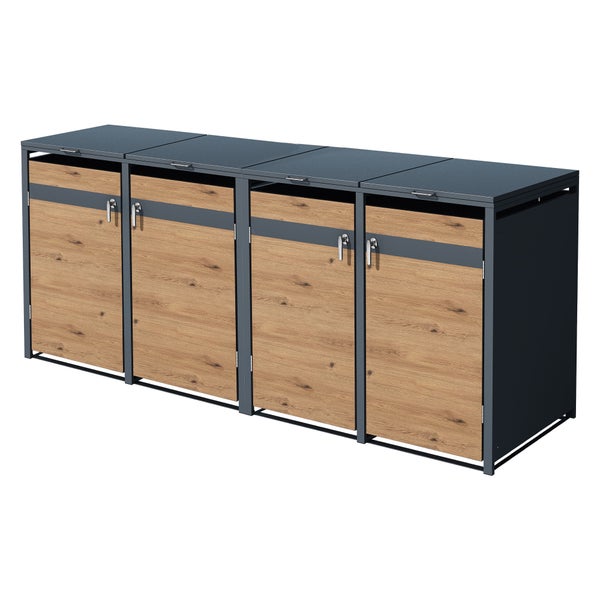 ML-Design Mülltonnenbox 4er 4 Tonnen 240L 264x80x116,3cm Anthrazit-Eichenoptik, Stahl, wetterfest/abschließbar Mülltonnenverkleidung Klappdeckel/4 Türen, Müllbox Mülltonnecontainer Mülltonnenabdeckung