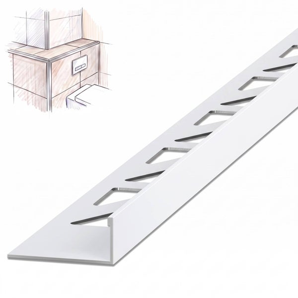 Fliesenschiene aus Metall fuer Kanten und Abschlusse mit einer Skizze der Anwendung im Badezimmer