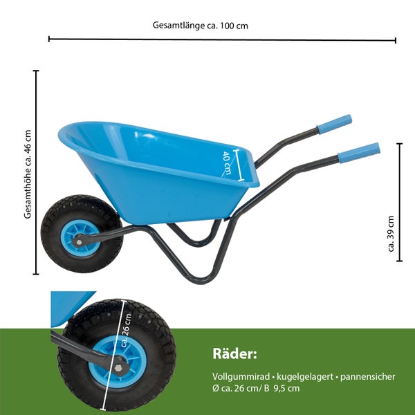 Blaue Kinder-Schubkarre mit pannensicherem Vollgummirad, Gesamtlänge circa 100 cm, Gesamthöhe circa 46 cm.