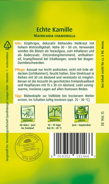 Rückseite der Samentüte Echte Kamille mit Informationen zu Anbau, Pflege und Ernte sowie Qualitätssiegeln und Strichcode.