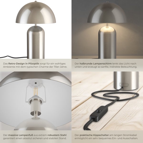 tectake Altea Kleine Retro-Tischlampe Altea, Pilzdesign, 40W 25 x 37 cm Nickel matt
