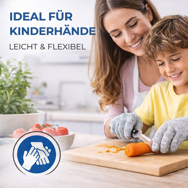 Ein Kind trägt graue schnittfeste Handschuhe und schneidet eine Karotte in einer hellen Küche, ideal für kleine Kinderhände.