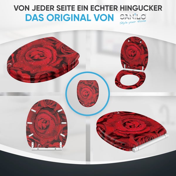 Sanilo Toilettensitz mit roten Rosen und Wassertropfen, verschiedene Ansichten im geöffneten und geschlossenen Zustand sowie Sanilo Logo.