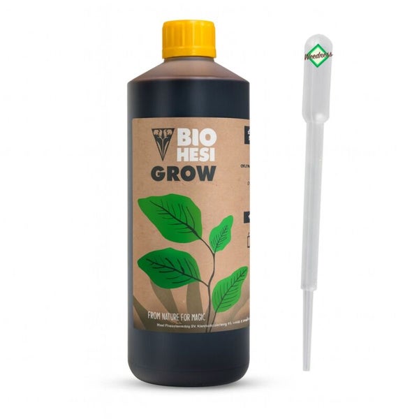Bio Hesi Grow Flüssigdünger in dunkler Flasche mit gelbem Verschluss und beigefügter Pipette zur Dosierung.