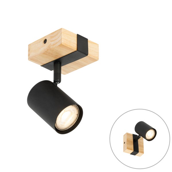 Ein-flammiger LED-Deckenstrahler in Holz und Metall, einstellbarer Strahler für gezielte Beleuchtung.