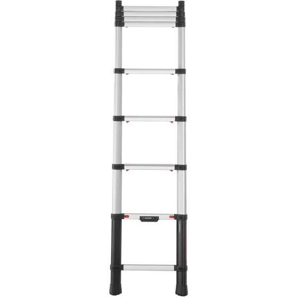 Telesteps Teleskopleiter aus Aluminium mit schwarzen Kunststoffelementen und mehreren Sprossen.