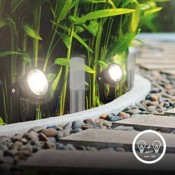 Zwei schwarze Gartenstrahler beleuchten grüne Pflanzen an einem Kieselweg, Symbol für zwei Leuchtmittel mit maximal 12 Watt.