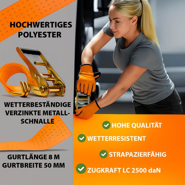 Spanngurt aus Polyester mit verzinkter Metallschnalle, 8 Meter lang und 50 Millimeter breit, mit einer Zugkraft von LC 2500 daN