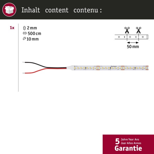 Paulmann LED-Streifen, 500 Zentimeter lang, 10 Millimeter breit, 2 Millimeter hoch, alle 50 Millimeter kürzbar, 1 Stück, fünf Jahre Garantie.