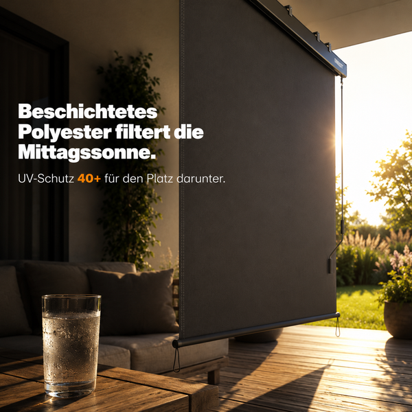 Senkrechtmarkise aus beschichtetem Polyester auf einer Terrasse, UV-Schutz 40 plus, effektiver Sonnenschutz für den Außenbereich.