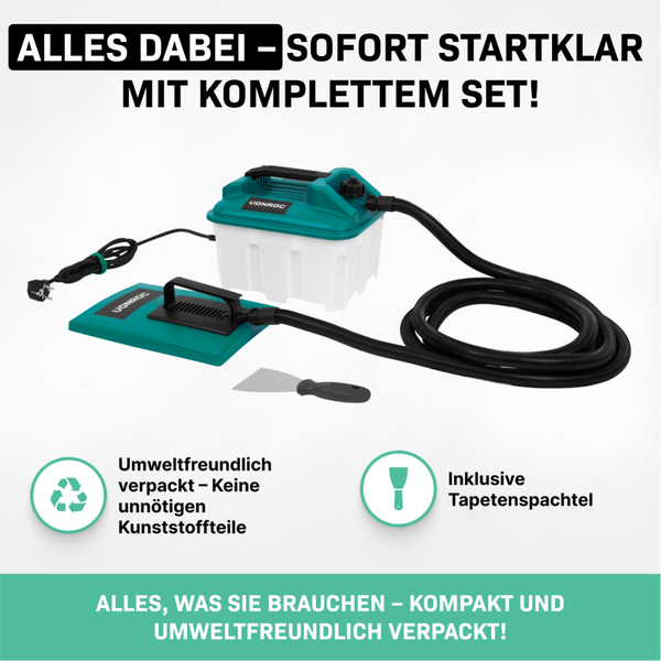 VONROC Dampftapetenablöser zum Tapeten entfernen [2300W] - Tapetenablöser mit Dampf [70 Minuten Arbeitszeit] - Tapetenlöser Dampfgerät 4m Schlauch und 4,5l Wassertank