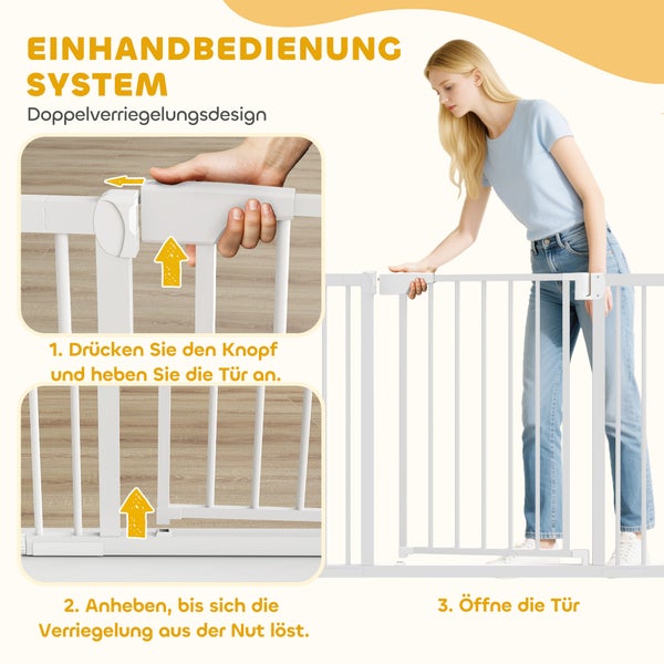 Metall-Türschutzgitter mit Einhandbedienung und Doppelverriegelung: Anleitung zum Öffnen durch Drücken des Knopfes, Anheben und Aufschwenken.