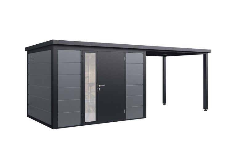 Modernes Metallgerätehaus mit integriertem Carport und Tür mit Glaseinsatz