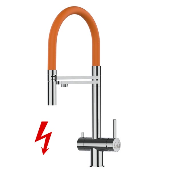 NIEDERDRUCK 3 Wege Wasserhahn Küchenarmatur, Edelstahl Massiv mit 360° schwenkbarem Auslauf, abnehmbare 2 strahl Handbrause, Hochglanz / Orange