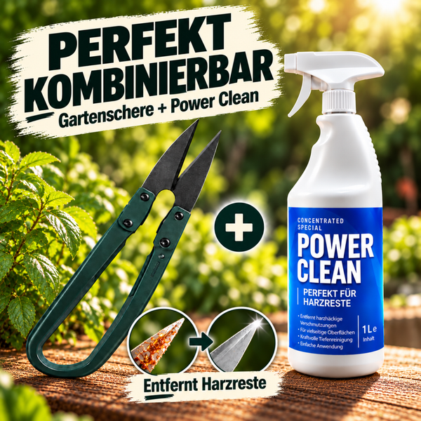 Gartenschere kombiniert mit Power Clean Spezialreiniger zur Entfernung von Harzresten in einer Gartenumgebung.