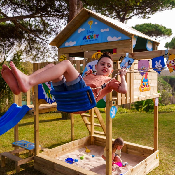 WICKEY Spielturm Disney Mickey Maus und Freunde Saga mit Rutsche, Picknicktisch, Kletteranbau und Doppelschaukel