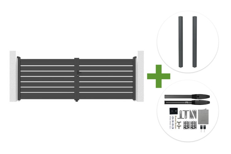 Zweiflügeliges Einfahrtstor mit horizontalen Lamellen, zwei Pfosten und elektrischem Torantrieb-Set.