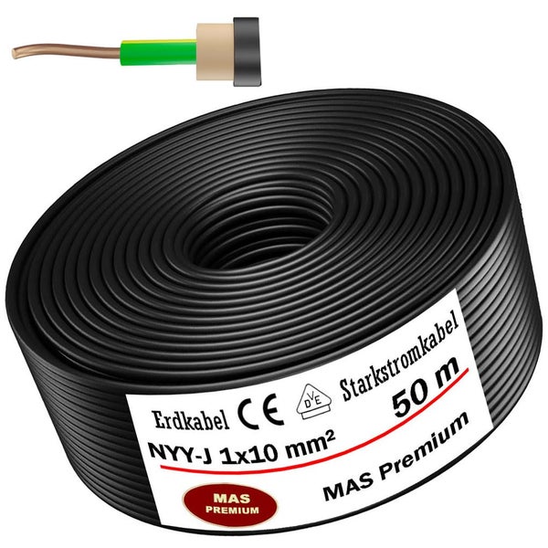 Schwarzes Erdkabel NYY-J 1x10 Quadratmillimeter, 50 Meter Ring, Starkstromkabel MAS Premium.