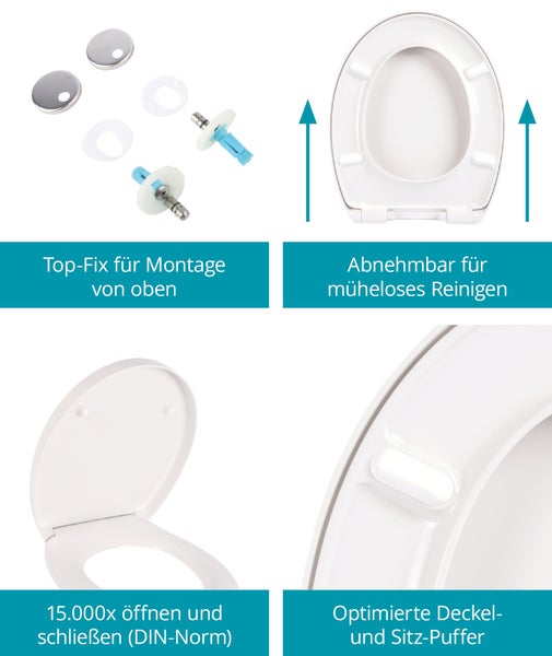 Produktmerkmale eines WC Sitzes mit Top Fix Befestigung, abnehmbarer Funktion, langlebigen Scharnieren und optimierten Puffern.