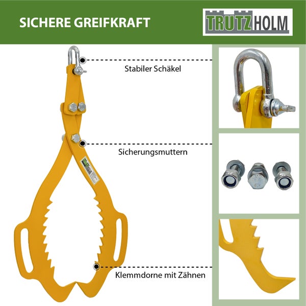 Trutzholm Steinzange mit Schäkel Sicherungsmuttern und gezahnten Klemmdornen für sicheren Halt