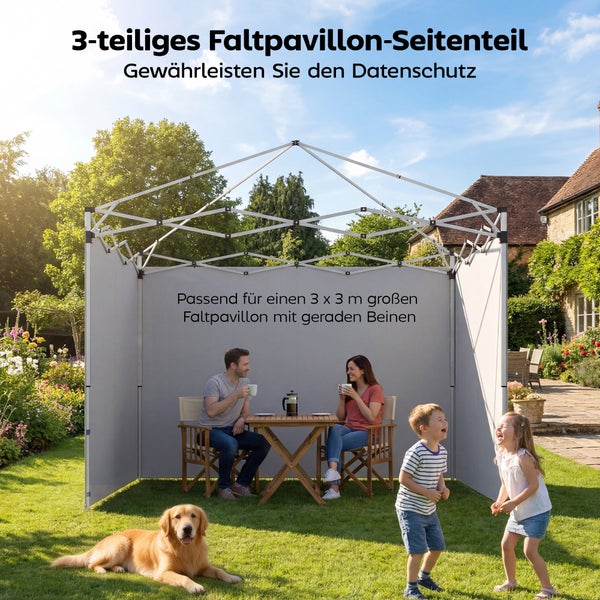 Dreiteiliges Seitenteil für einen 3 mal 3 Meter großen Faltpavillon mit geraden Beinen, montiert an einem Metallgestell in einem hellen Garten.