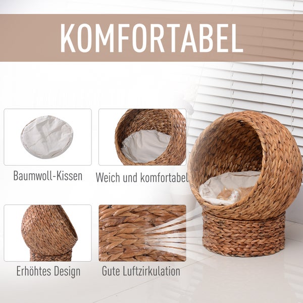 PawHut Rattan Katzenkorb, 42 x 33 x 52 cm, Wasserhyazinthe, Hellbraun