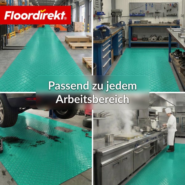 Collage verschiedener Arbeitsbereiche mit grünen Bodenmatten von Floordirekt