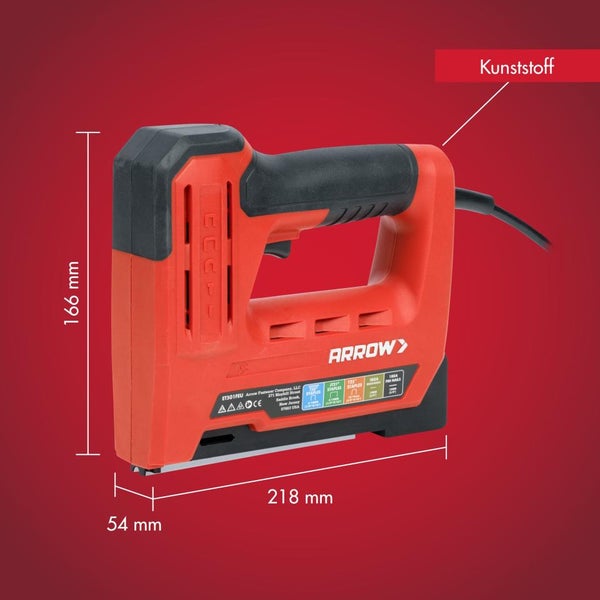 Elektrischer Tacker von Arrow aus Kunststoff, 218 Millimeter breit, 166 Millimeter hoch und 54 Millimeter tief.