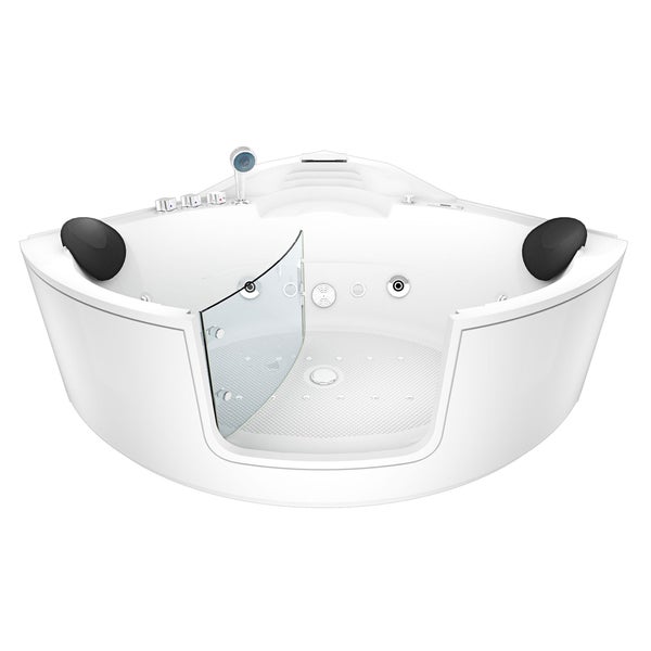 Weiße Whirlpool Eckbadewanne mit Einstiegstür aus Glas, zwei schwarzen Nackenstützen, Handbrause und Massagedüsen.