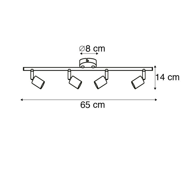 Technische Zeichnung einer Deckenleuchte mit vier Strahlern und den Maßen 65 cm Länge, 14 cm Höhe und 8 cm Durchmesser der Deckenbefestigung.