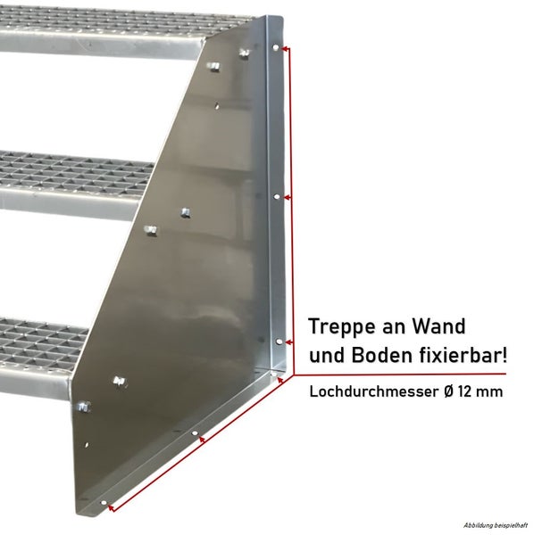 Stahltreppe mit Befestigungslöchern in der Seitenplatte für Wand- und Bodenmontage, Lochdurchmesser 12 Millimeter.