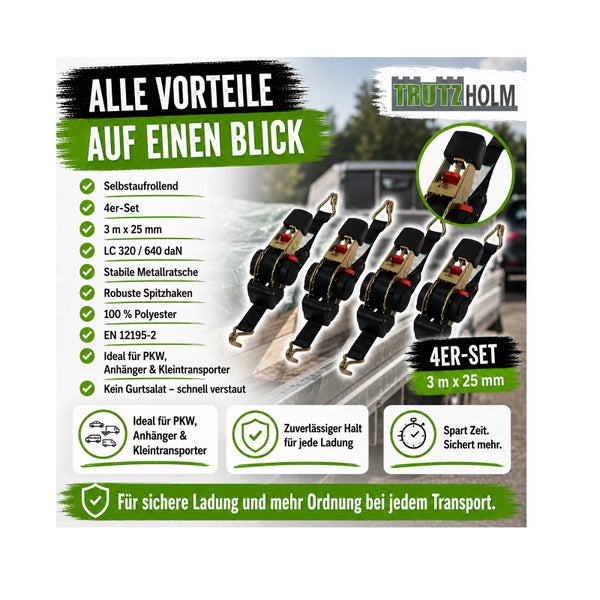 Trutzholm Set aus vier selbstaufrollenden Zurrgurten mit Metallratsche, 3 Meter lang und 25 Millimeter breit, für PKW, Anhänger und Kleintransporter.