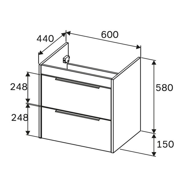 Technische Zeichnung eines Waschtischunterschranks mit Schubladen und Maßangaben.