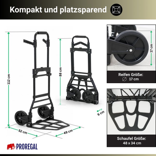 Klappbare Sackkarre von PROREGAL: 112 Zentimeter hoch, zusammengeklappt 6 Zentimeter tief, Reifen 17 Zentimeter, Schaufel 48 mal 34, PROREGAL Logo.