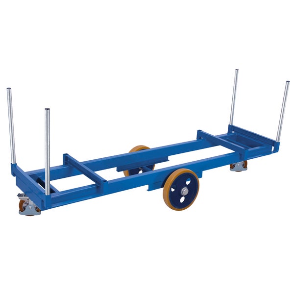 Langgutwagen aus blauem Stahl mit vier Rungen und sechs Rollen für den Transport von schweren Lasten.