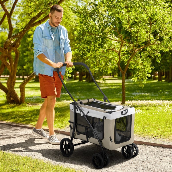 PawHut 2 in 1 Hundewagen Hundebuggy klappbar für Hunde & Katzen bis 10 kg Katzenbuggy mit Kissen Netzfenstern Türen Aufbewahrungskorb Katzenwagen Buggy Khaki