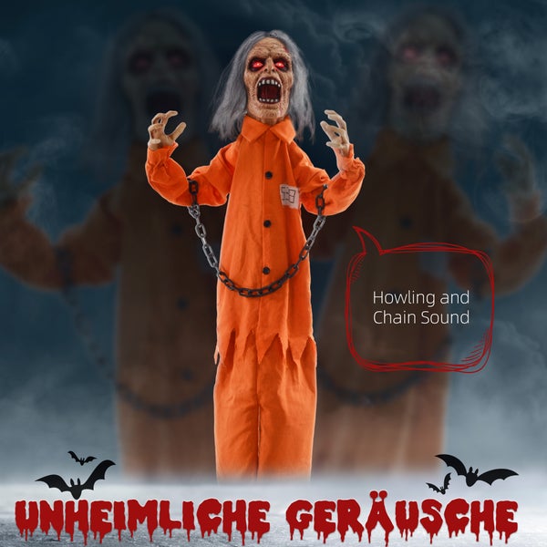 HOMCOM 85cm Halloween Dekoration Gruseliger Sprechender Gefangener mit LED-Lichter, Soundfunktion, Haustür Deko mit verstellbare Arme, Garten Dekofigur für Party, Orange