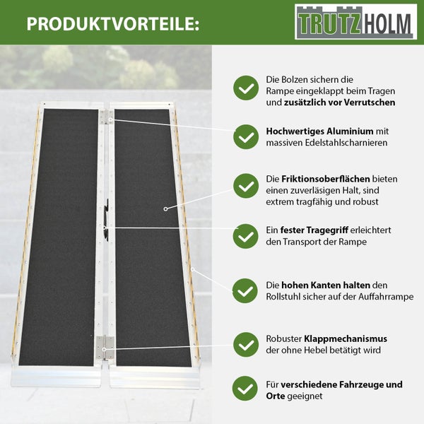 Produktvorteile der Trutzholm Rollstuhlrampe mit Details zu Bolzen, Aluminium, Scharnieren, Friktionsoberfläche, Tragegriff, Kanten und Klappmechanismus.