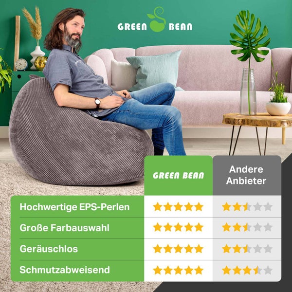 Green Bean Indoor Sitzsack 90x110cm EPS-Perlen Füllung & Cordstoff Kuschelig Weich Waschbar - Drinnen Bodenkissen Liegekissen Sitzkissen Sitzhocker Relax-Sessel Kinder Erwachsene Stoff Grau