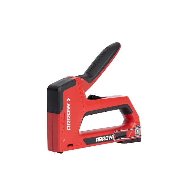 Manueller Tacker von Arrow in Rot und Schwarz mit ergonomischem Griff.