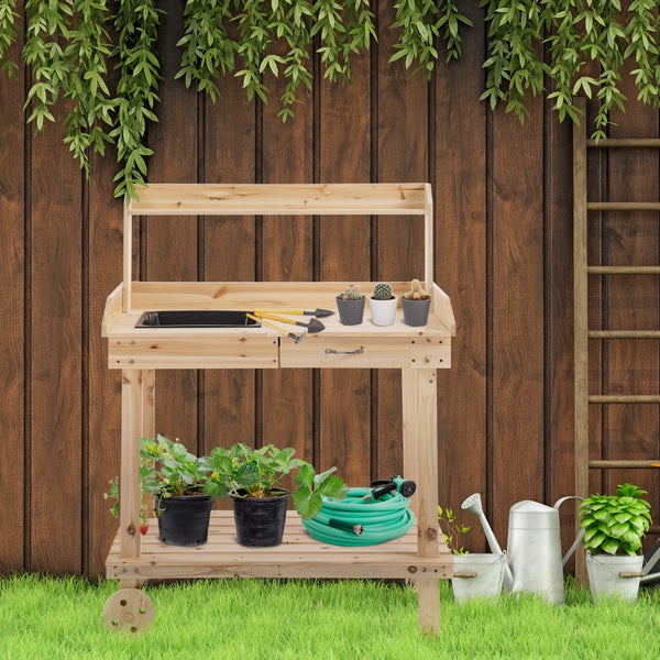 Outsunny Pflanztisch mit Schublade 2 Stufen Gärtnertisch mit waschbecken und Rollen Garten Tannenholz Natur 92 x 45 x 119 cm