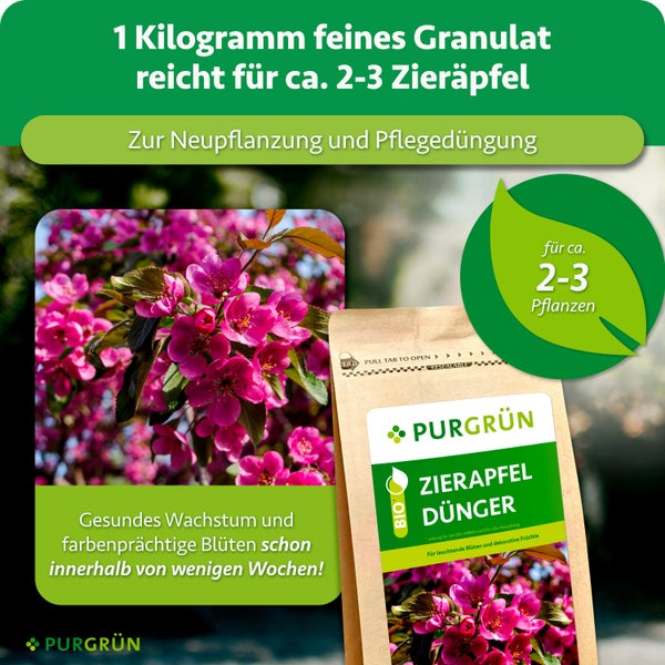 Purgrün Zierapfel Dünger für Neupflanzung und Pflegedüngung, 1 Kilogramm Packung für 2 bis 3 Zierapfel Pflanzen.