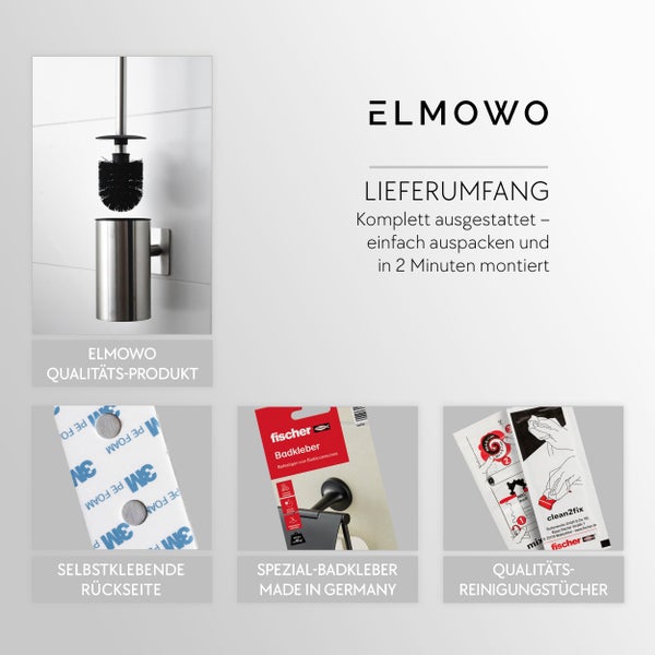 Produktübersicht von ELMOWO Toilettenbürstengarnitur mit Zubehör für die Montage inklusive Klebeset von Fischer und Reinigungstüchern.