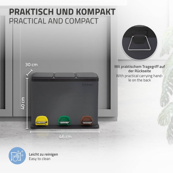 ML-Design Mülleimer Küche 3x 8L (24L), Anthrazit, Mülltrennsystem 3 Fächer, Treteimer zur Mülltrennung, Abfalleimer aus Stahl mit Inneneimer aus Kunststoff & Klappdeckel, farblicher Kennzeichnung