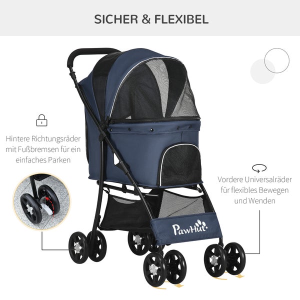 PawHut Hundewagen, faltbarer Hundebuggy, Hundetrolley mit Kissen, Katzenbuggy, Katzenwagen mit 4 Rädern, Netzfenster, Stauraum für kleine Hunde, Katzen, 600D Oxford, Marineblau