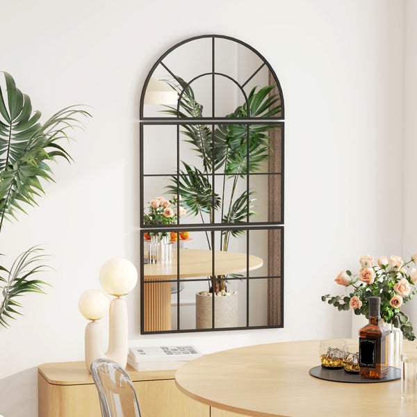 HOMCOM Wandspiegel dreiteilig, bogenförmiger Spiegel mit Metallrahmen, dekorative Fensterspiegel, Hängespiegel für Badezimmer Wohnzimmer Schwarz