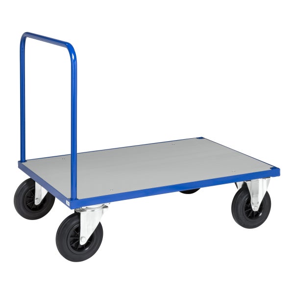 Kongamek Plattformwagen in blau 1200x800x900mm mit offenem Schiebegriff, verzinkter Ladefläche, Gummibereifung und Bremse