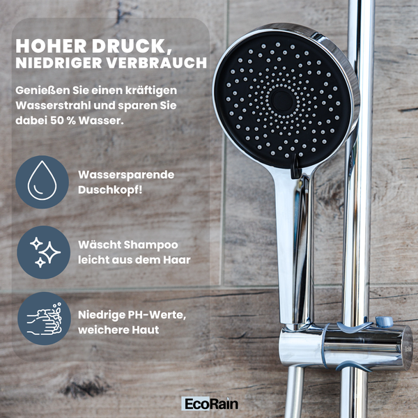 EcoRain 50% Wassersparender Duschkopf Jet 12 CM mit Wasserfilter - 3 Strahlarten - Hoher Wasserdruck - Universeller Anschluss - Anti-Kalk Duschkopf - Chrom