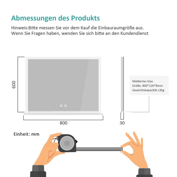 Maßzeichnung eines Wandspiegels mit Ablage, Breite 800 mm, Höhe 600 mm, Tiefe 30 mm, inklusive technischer Daten zur Ablage aus mattiertem Glas.
